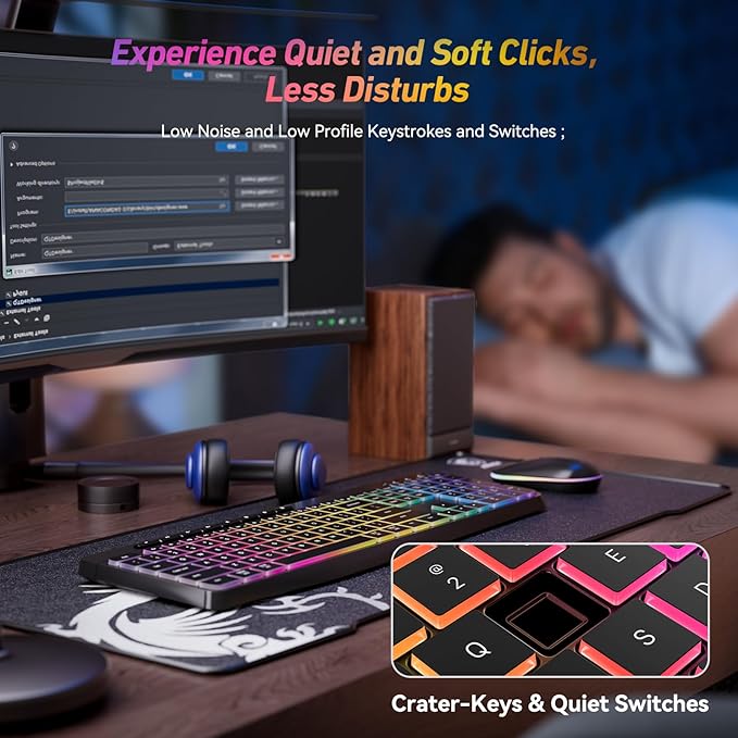 Wireless Keyboard and Mouse Combo With Backlit,2.4G Full Size Ergonomic Keyboard with Light Up Letters,Rechargeable and Slim RGB Mouse,Silent Click For Windows/MAC PC,Laptop,Chromebook,Surface,Macbook