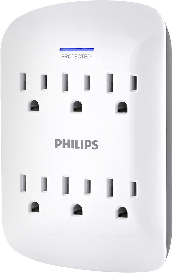 Philips 6-Outlet Extender Surge Protector, Wall Tap, 900 Joules, 3-Prong, Space Saving Design, Protection Indicator LED Light, ETL Listed, White, SPP3461WA/37