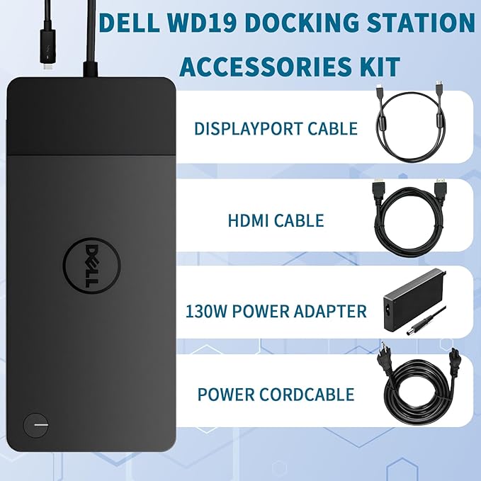 Dell WD19 130W Docking Station, HDMI/Dual DisplayPort, Dell Docking Station with 90W Power Delivery, Dual Monitor Support,Bundle with 130W Adapter, HDMI/DP Cables (Renewed)
