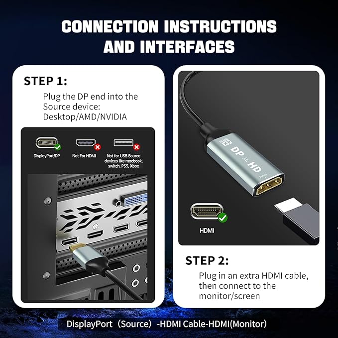 4K Display Port to HDMI Adapter, Uni-Directional Display Port Computer to HDMI,Plug & Play Converter with Audio & Video Sync for HDTV/Monitor/Projector/PC, Durable Gold-Plated Connectors