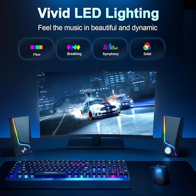 Nylavee Computer Speakers with Subwoofer, 2.1 PC Speakers System with 8 Lighting Modes, 60W Peak Power, AC Adapter Powered, Bluetooth 5.4, USB/USB-C and 3.5mm Aux in for Desktop, Monitor, Gaming