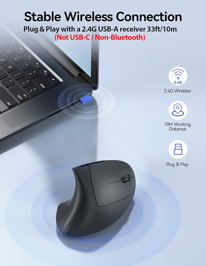 TECKNET Ergonomic Mouse, Wireless Rechargeable Vertical Mouse for Carpal Tunnel Right Hand, 4800 DPI 5 Adjustable Levels 2.4GHz with USB-A Receiver, Silent Click, for Laptop, PC, Desktop (Not USB-C)