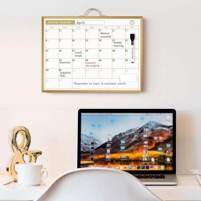 ARCOBIS Monthly Calendar Whiteboard - 12" x 16" Double-Sided Magnetic Dry Erase Board with Gold Frame - Portable Wall Hanging Planner for Home, Office, School