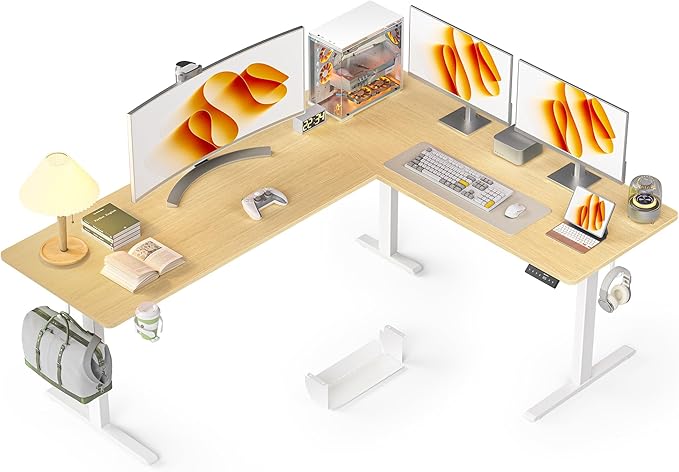 75x61 Inches Reversible L Shaped Standing Desk Height Adjustable with Cup Holder, Electric Corner Computer Workstation for Home Office, Ergonomic Sit Stand up Gaming Desk, Oak