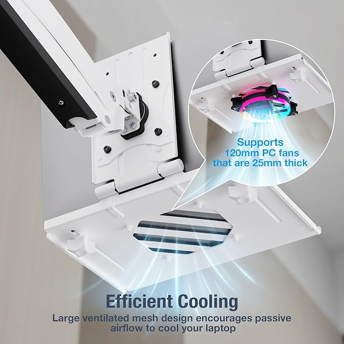 AVLT Adjustable Laptop Tray with Support for 120mm Fan Compatible with VESA 75x75 Monitor Arm - Fits Up to 17 Inch Laptop - White (Fan Not Included)