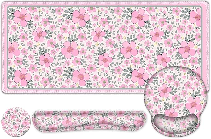 Floral Desk Mat, 4in1 Large Mouse Pad with Wrist Rest, Cute Desk Matt for Desktop, Deskpad Mat, Anti-Slip XXL Computer Ergonomic Mousepad with Wrist Support for Keyboard and Mouse I Pink Flowers