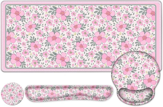 Floral Desk Mat, 4in1 Large Mouse Pad with Wrist Rest, Cute Desk Matt for Desktop, Deskpad Mat, Anti-Slip XXL Computer Ergonomic Mousepad with Wrist Support for Keyboard and Mouse I Pink Flowers