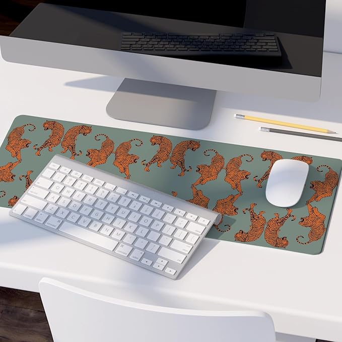 Sage Green Tiger Decor Mouse Pad,Cheetah Desk Mat,XL Large Leopard Mouse Pad,Preppy Desk Mat for Dorm Home Office Decor,31.5x11.8 Inch