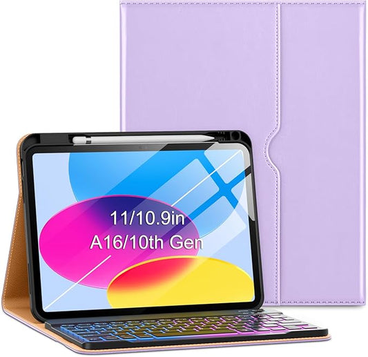 VIKESI Keyboard Case for iPad (A16,2025) 11th Generation/iPad 10th Generation Case (10.9" 2022),Premium Leather Smart Cover,Built-in Breathing Light,Function Row,Pencil Holder,Card Slots - Taro Purple