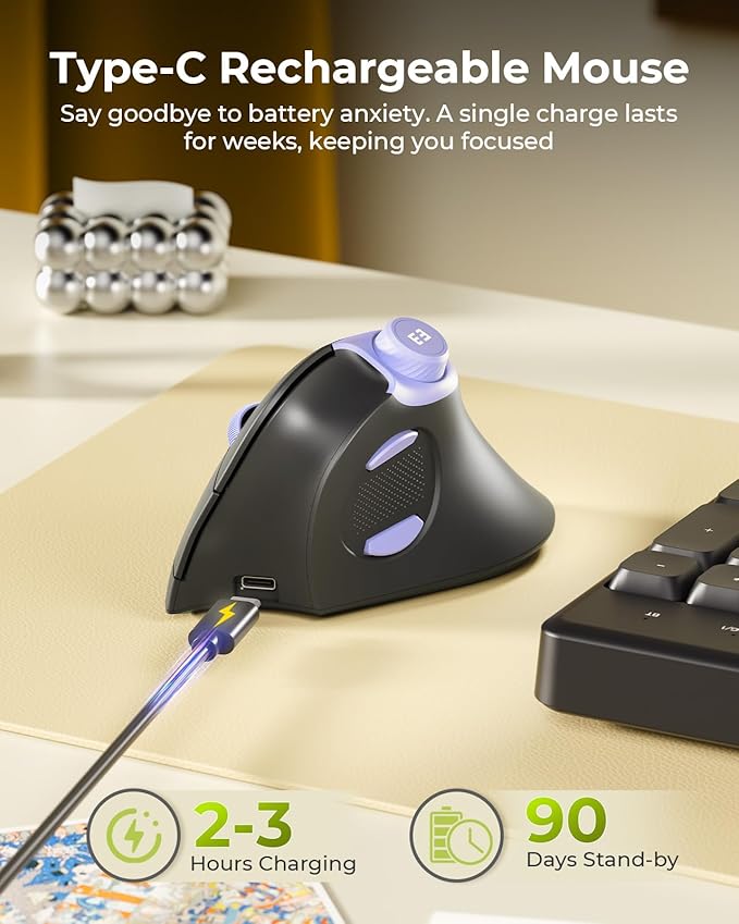 seenda Ergonomic Mouse Wireless, MOU-302 Bluetooth Vertical Mouse Rechargeable, Optical Mice with 1000/1600/2400 DPI, Volume Knob, 3 Multi-Device Connectivity for Computer/PC/Laptop/Mac, Black Purple
