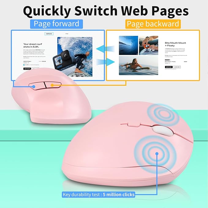 Wireless Silent Ergonomic Vertical Mouse - Dual Mode 2.4G/Bluetooth, Rechargeable Type C, Pain Relief for Office and Home Use, Compatible with Laptop & PC (Pink)