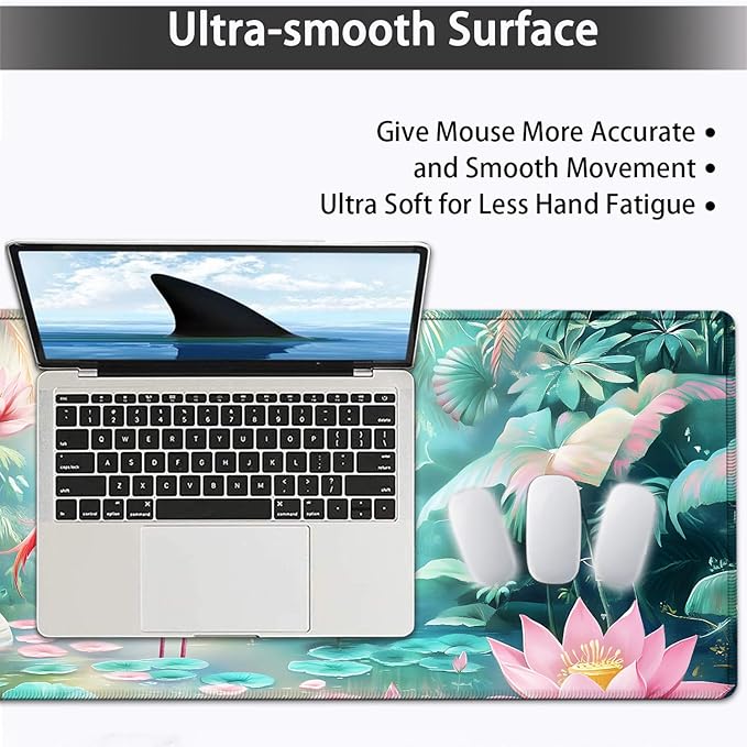 Large Mouse pad and Keyboard Support Set, Ergonomic Memory Foam Keyboard Wrist Rest, Extended Gaming Mouse Pad with Stitched Edges, Flamingo in Lotus Pond XXL Desk Mat (31.5 X 11.8 in)