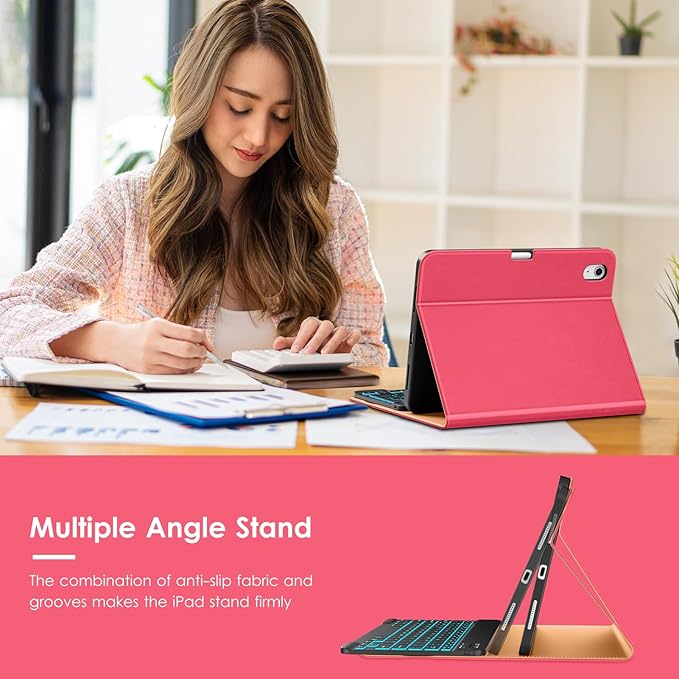 VIKESI Keyboard Case for iPad (A16,2025) 11th Generation/iPad 10th Generation Case (10.9" 2022), Premium Leather Smart Cover, Built-in Breathing Light, Function Row, Card Slots - Watermelon red