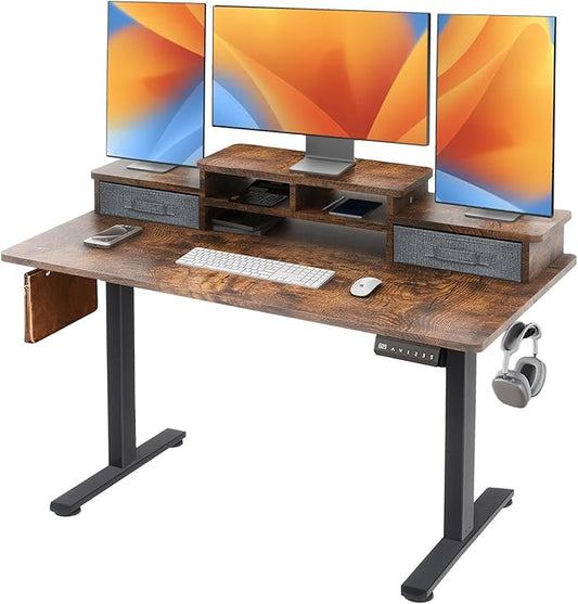 55 x 24 Inch Electric Standing Desk with 2 Drawers, Adjustable Height Desk with Storage Shelf, 3 Preset Heights, 2 Hooks and Cable Management, Ergonomic Rising Computer Table for Home Office