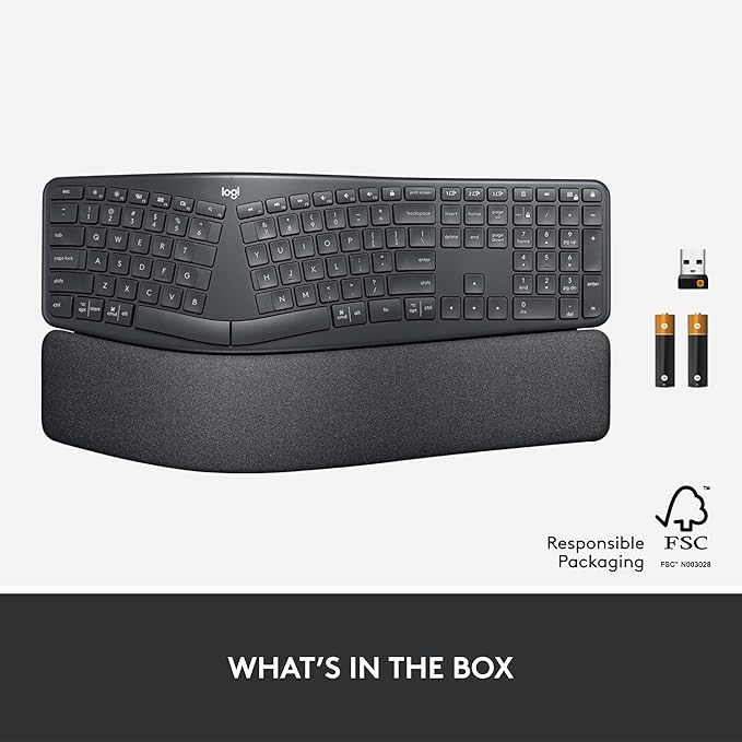 Logitech Ergo K860 Wireless Ergonomic Keyboard - Split Keyboard, Wrist Rest, Natural Typing, Stain-Resistant Fabric, Bluetooth and USB Connectivity, Compatible with Windows/Mac, Black