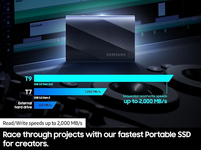 SAMSUNG T9 Portable SSD 4TB, USB 3.2 Gen 2x2 External Solid State Drive, Seq. Read Speeds Up to 2,000MB/s for Gaming, Students and Professionals,MU-PG4T0B/AM, Black (pack of 1)
