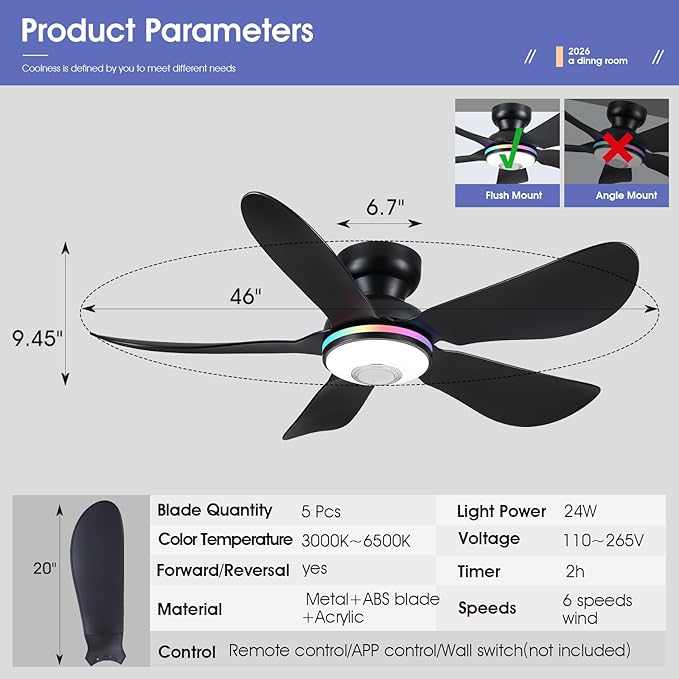 46" Ceiling Fans with RGB Lights Remote/APP Control, Low Profile, 3 CCT Dimmable White Lights+RGB Ring Lights+Music Player, 5 Reversible Plastic Blades 6 Speeds for Kidsroom, Black