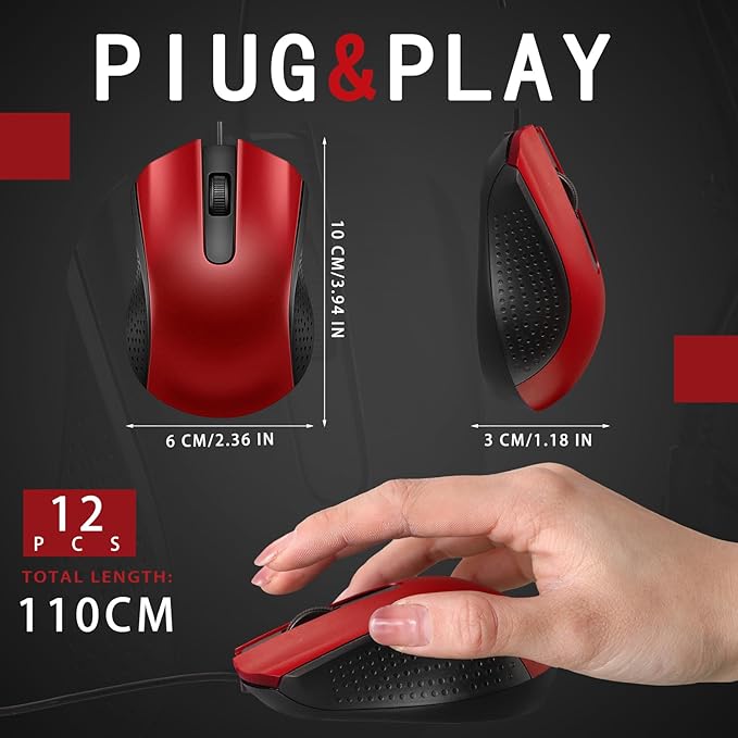 Hoteam 12 Pcs Black Wired Computer Mouse Bulk Cord USB Computer Mice Ergonomic Wired Mouse for Pcs, Computers, Laptops, Gaming Office Home Supplies