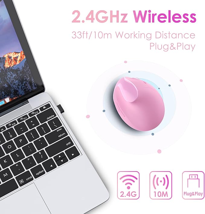 Ergonomic Mouse,Rechargeable Small Vertical Mouse with 6 Buttons Adjustable 800/1200/1600 DPI Pink Wireless Mouse for Laptop Desktop PC Mac
