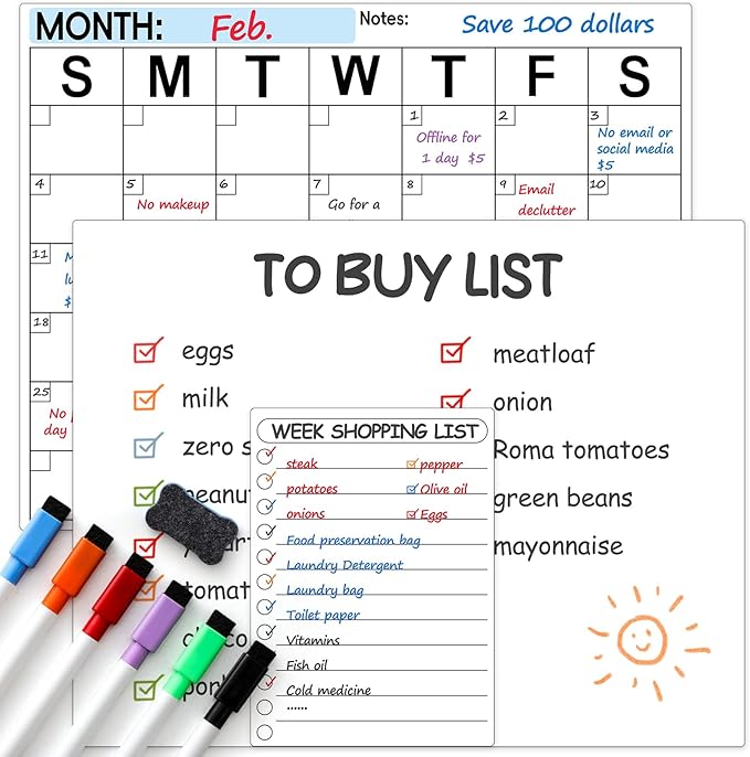 Dry Erase Magnetic Calendar for Refrigerator, 3 Pack- Monthly & Blank & Daily Planner Magnet Whiteboard for Fridge Wall - Shopping, Meal/Menu, to Do List, Family Schedule Planning Board (10HB-RIKO3)