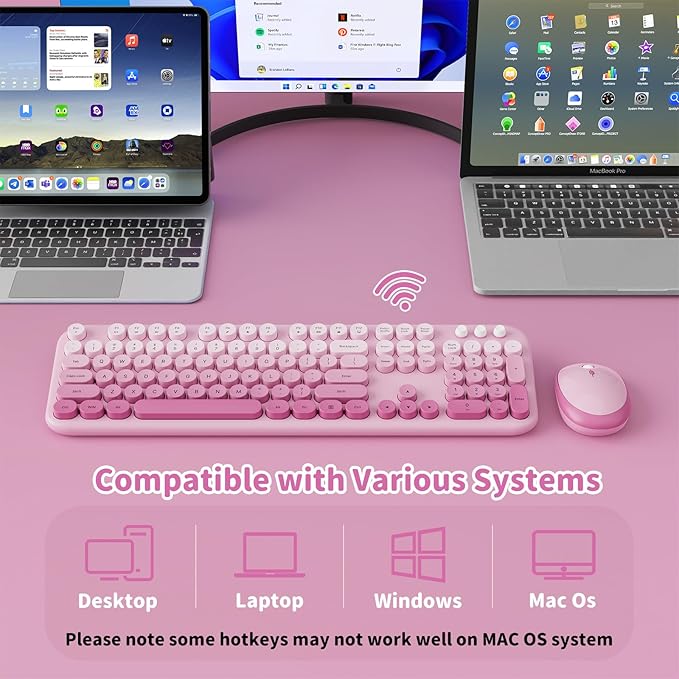 Wireless Keyboard and Mouse Combo, 2.4GHZ Typewriter Retro Full Size Keyboards, Cute Colorful Computer Keyboard and Wireless Mouse for Laptop/Desktop/Windows/PC (Pink Gradient)
