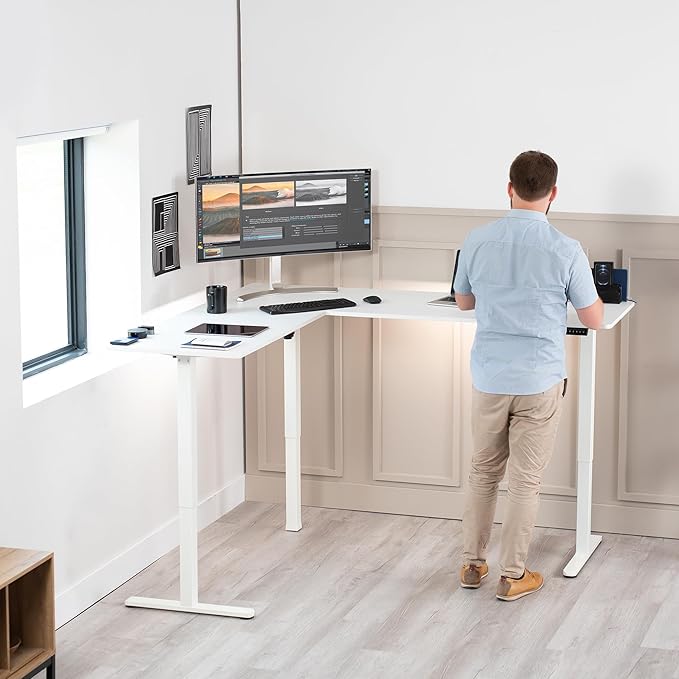 VIVO Corner Standing Desk, 75 x 63 inch Reversible L-Shaped Workstation, Electric Height Adjustment, Home, Office, and Reception Rooms, White Table Top White Frame, DESK-E3CTW-75