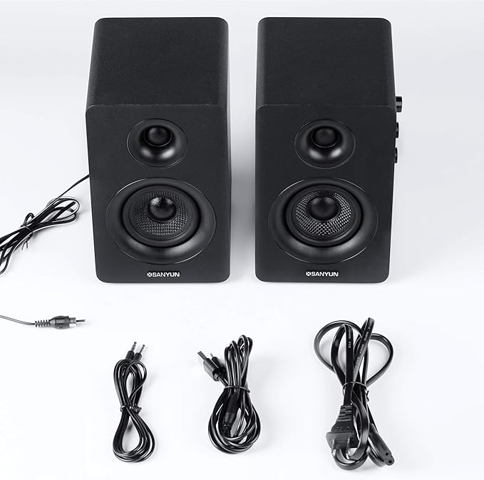 Sanyun SW208 3" Active Bluetooth 5.0 Bookshelf Speakers – 60W Carbon Fiber Speaker Unit - Built-in 24bit DAC - Dynamic 3D Surround Sound – 2.0 Computer PC Monitor Gaming Speakers (Pair, Black)
