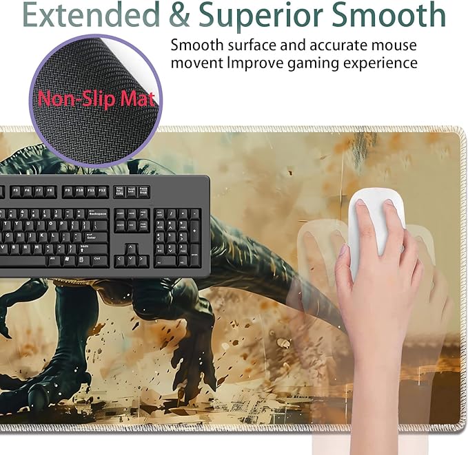 Large Gaming Mouse Pad + Keyboard Wrist Rest + Wrist Support + Coaster Set, Memory Foam Ergonomic for Easy Typing, XXL Extended Gaming Mouse Pad Table Pad - T-Rex
