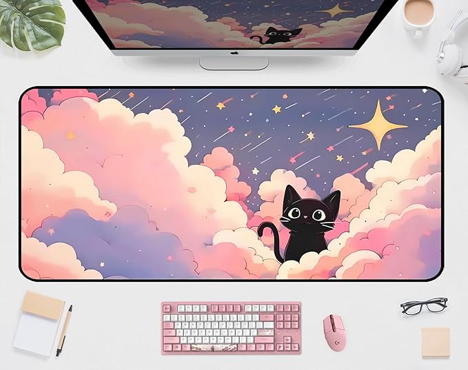 Anime Desk Mat,Pink Purple Clouds Mouse Mat Desk Pad, Cute Black Cat Game Mousepad, Full Deskmat, Extended Computer Desk Keyboard Mat, for Women Office Desktop Decor Aesthetics 31.5"X15.7"