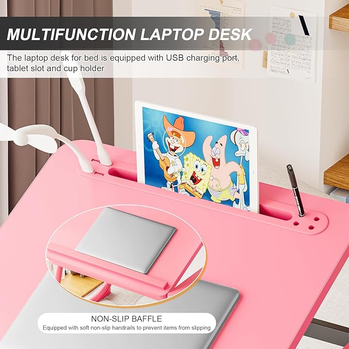 Laptop Desk for Bed, Adjustable Laptop Stand with 5 Different Angles, Portable Lap Tray Table with USB Charge Port and Cup Holder, Laptop Bed Desk Tray for Eating Working Writing (Pink)