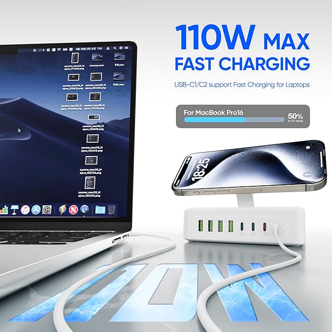 300W USB Charging Station, 11-in-1 USB C Power Strip Surge Protector, 2AC Outlets & 8USB Ports, 5ft Flat Plug Extension Cord with Multiple Devices, Desktop Charger for Home Office Desk