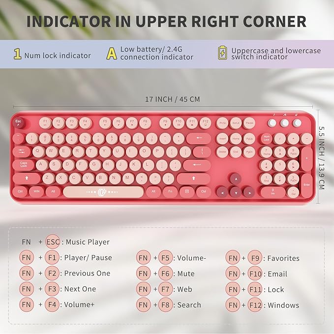 Wireless Keyboard and Mouse Combo - Cute Colorful Keyboard and Mouse, Retro Typewriter Keyboard with 2.4GHz Plug & Play, for Windows 11/10/7, Laptop, PC (Hot Pink)