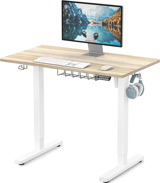 SHW 40 x 22 Inches Electric Height Adjustable Sit to Stand Desk with Hanging Hooks and Cable Management, White Frame and Maple Top