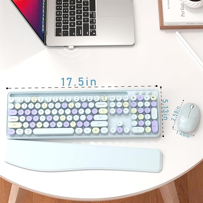 Colorful Wireless Computer Keyboard and Mouse Combo with Phone Holder, Wrist Rest, Typewriter Keys, 2.4GHz Wireless, Full-Sized Optical Mouse for PC and Laptop (Light Blue)