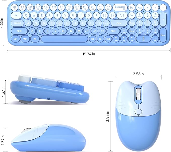 Wireless Keyboard and Mouse Combo, MOWUX Compact Typewriter Retro Round Computer Keyboard, Cute Optical Mouse Wireless, Plug and Play, for Laptop, PC, Computer- Blue Gradient