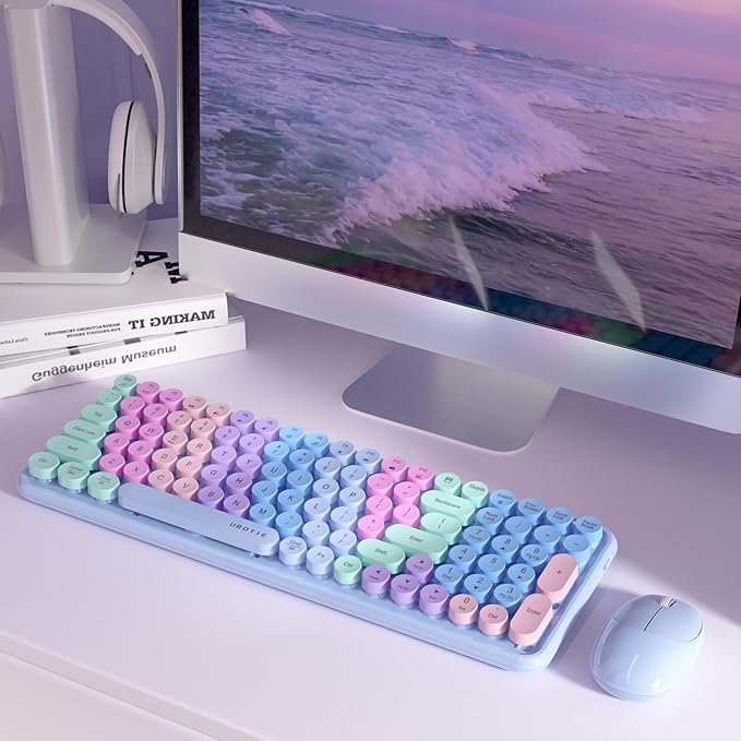 Wireless Keyboards and Mouse Combos, UBOTIE Colorful Gradient Rainbow Color Retro Typewriter Flexible Keyboard, 2.4GHz Connection and Optical Mouse(Purple Rainbow)