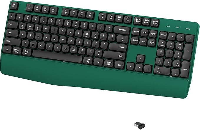 Wireless Bluetooth Keyboard, Ergonomic Wireless Keyboard with Wrist Rest, 2.4GHz & Bluetooth Dual-Mode Compatibility for PC, Laptop, Windows, Mac, and More (Black Green)
