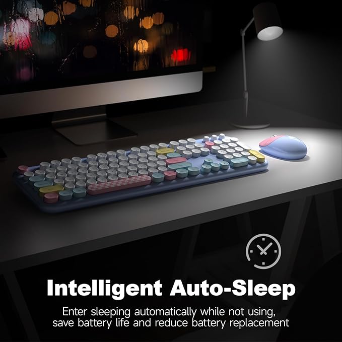 Retro Wireless Keyboard and Mouse Combo, SQMD Full-Size Office Typewriter Keyboard with Round Colorful Keycaps, 2.4G Cute Quiet Mouse for Windows PC, Home, Office, and College - Blue