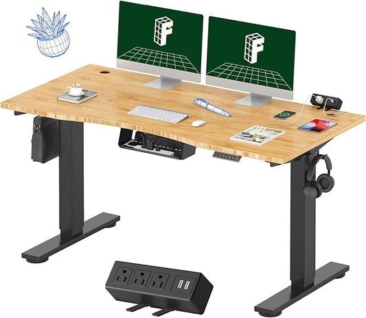 FLEXISPOT EN2 Bamboo Standing Desk with Clamp Power Strip, 55 x 28 Electric Stand Up Height Adjustable Desk with Cable Management (Black Frame + 55" Bamboo Top, 2 Packages)