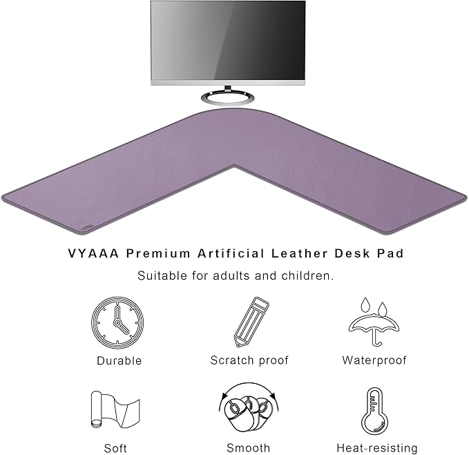 Vyaaa L Shaped Desk Mat, (39.4"+ 39.4") x 13" PU Leather Corner Desk Mat, Reversible L-Shape Desk mat, XL Gaming Mouse Pad for Computer, Gaming, Writing, Home and Office (Light Purple)