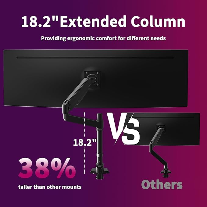 Single Monitor Arm for 17-49 Inch Ultrawide Screens, Single Monitor Mount Heavy Duty up to 44lbs, Adjustable Vertical Stacked Full Motion Single Monitor Arm Desk Mount, 75/100mm VESA Mount, Black
