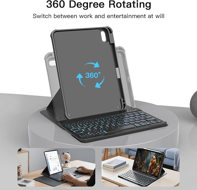 for iPad 11th(A16, 2025)/10th Generation Case with Keyboard, 360° Rotatable Case & Detachable Backlit Keyboard, Precision Cutouts and Pen Holder for iPad A16 11''/10th 10.9'', Black