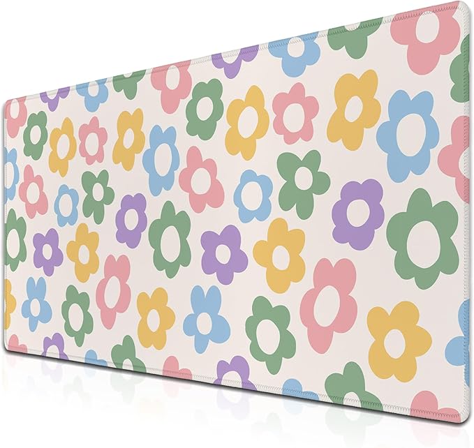 Computer Mat Jumbo Mouse Pad Extra Large Mouse Pads Desk Pad for Woman Gaming Mousepads Modern Desk Pad Non-Slip Rubber Base 35.4" X 15.7" for Game Office, Colorful Groovy Flowers