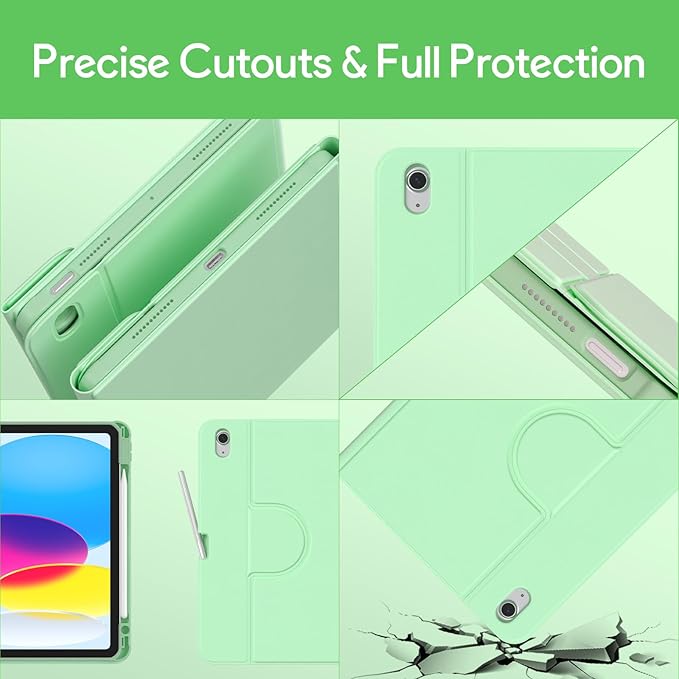 YBING Keyboard Case for iPad 10th Gen 10.9 inch(2022) & 11th Gen(A16, 2025), 7-Color Backlit Detachable Keypad & Rotatable Magnetic Case with Pencil Holder (Green)