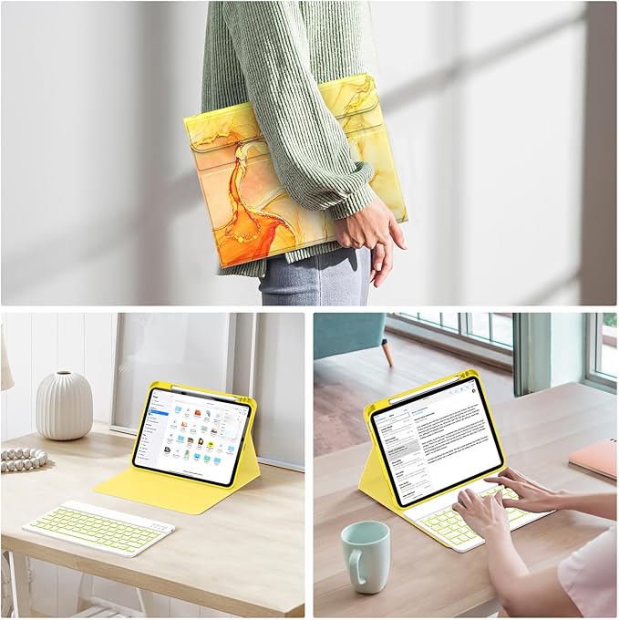Soke for iPad (A16) 11th/10th Generation Case with Keyboard(2025/2022)-7 Color Backlight Wireless Detachable Folio Keyboard Cover with Built-in Pencil Holder for iPad 11/10.9 inch, Yellow Marble