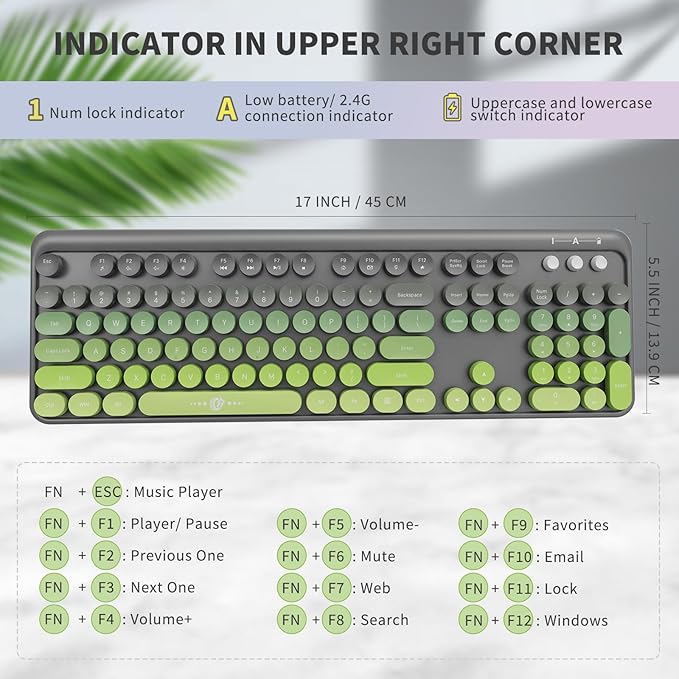 Wireless Keyboard and Mouse Combo - Cute Colorful Keyboard and Mouse, Retro Typewriter Keyboard with 2.4GHz Plug & Play, for Windows 11/10/7, Laptop, PC (Green)