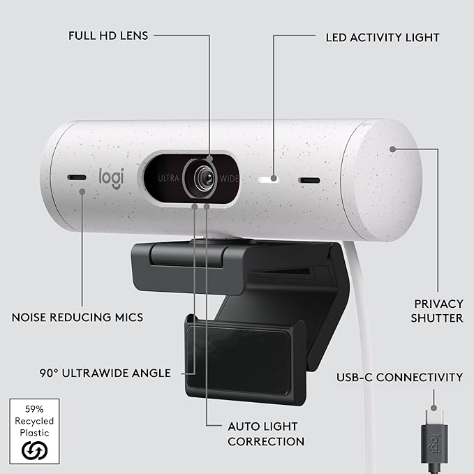Logitech Brio 500 Full HD Webcam with Auto Light Correction,Show Mode, Dual Noise Reduction Mics, Webcam Privacy Cover, Works with Microsoft Teams, Google Meet, Zoom, USB-C Cable - Off White