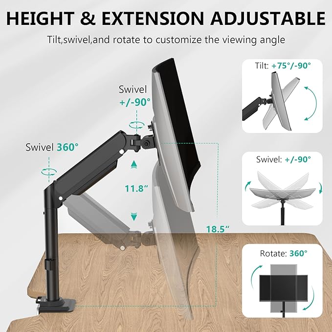 WALI Single Monitor Arm Mount for 13-27 inch Screens, Gas Spring Stand with Full Motion Tilt Swivel Rotation, Holds 19.8 lbs, VESA 75/100, C-Clamp & Grommet Mount (GSDM001S)