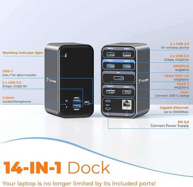 TobenONE Laptop Docking Station with 2 HDMI/DP, Docking Station Dual Monitor with Power Supply 100W, 7 USB-C/A Ports,Ethernet,Compatible for Thunderbolt 4/3 Windows/Dell/HP/Lenovo