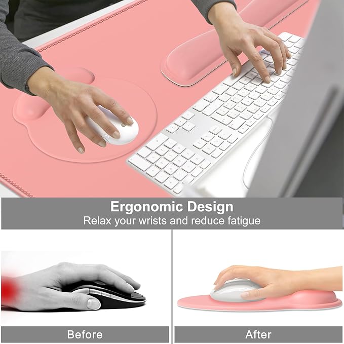 Dapesuom Large Gaming Mouse Pad, Mouse Pads with Wrist Rest Wrist Support, 4in1 XXL Desk Mat Desk Pad + Ergonomic Mousepad + Memory Foam Keyboard Mat Wrist Rest + Coaster Set for Computer, Rose Pink